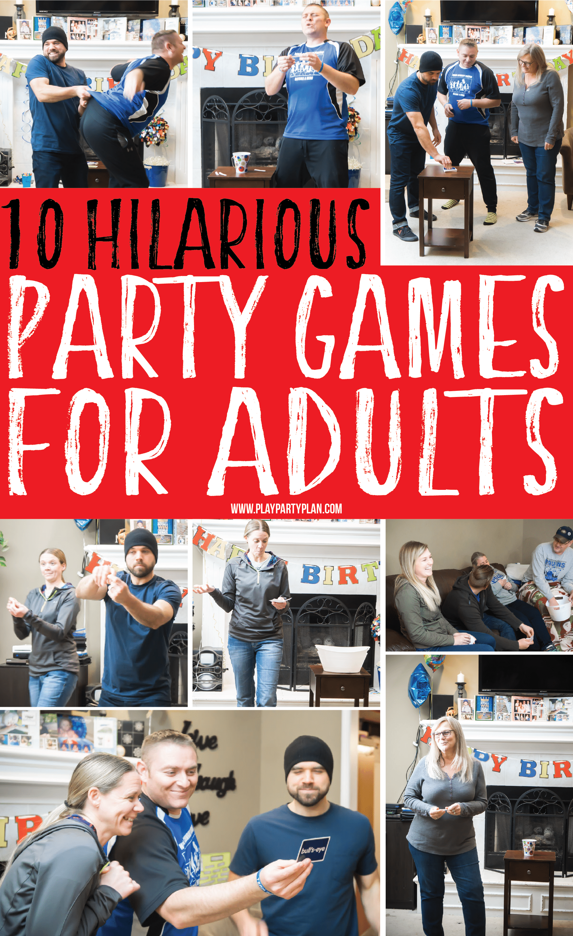 10 hilarious party games for adults that would work great for teens or for groups too! Play indoor or outdoor at a family reunion or birthday party! It doesn’t matter, they’re funny either way! And best of all, no drinking or alcohol required!