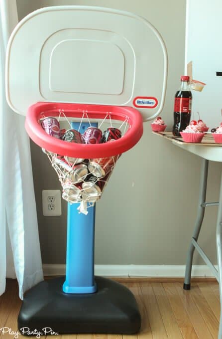 Four easy DIY basketball party ideas including a DIY tabletop basketball court, soda bottle hoops, and more!