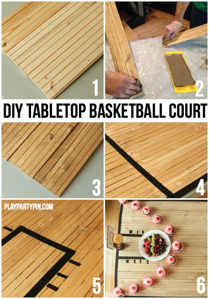 How cool is this DIY tabletop basketball court, this site has a ton of fun basketball party ideas like this one!