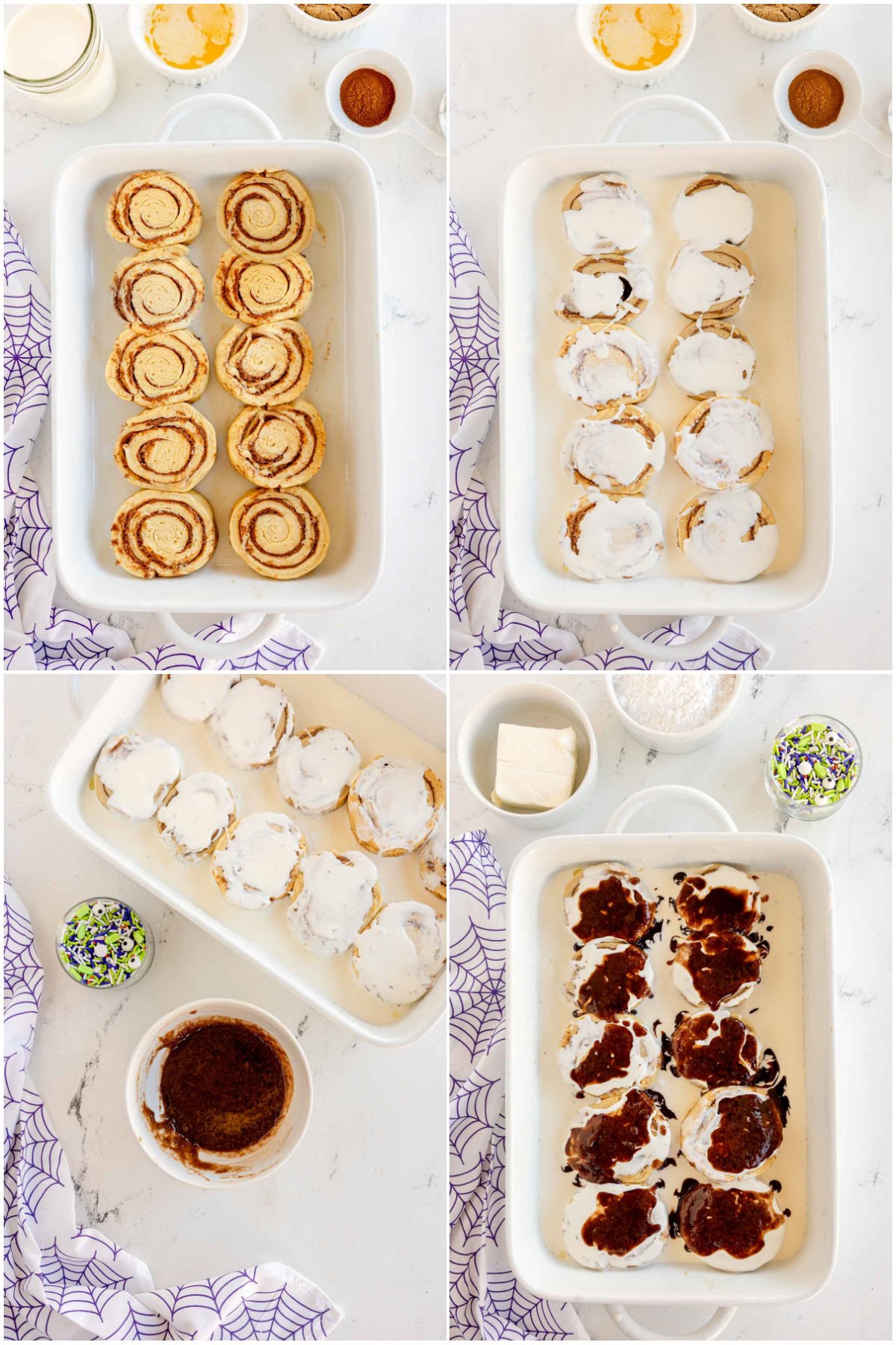 four images showing the progress of coating Halloween cinnamon rolls with toppings