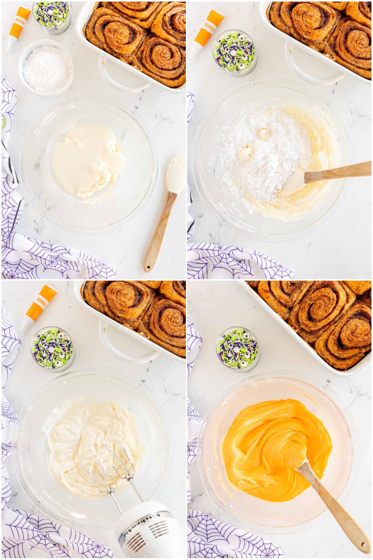 four images showing the process of making cream cheese frosting for Halloween cinnamon rolls