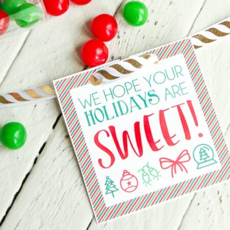 Free printable holiday gift tags - just add to a container full of treats and wish someone a sweet holiday! One of the easiest DIY gifts around.