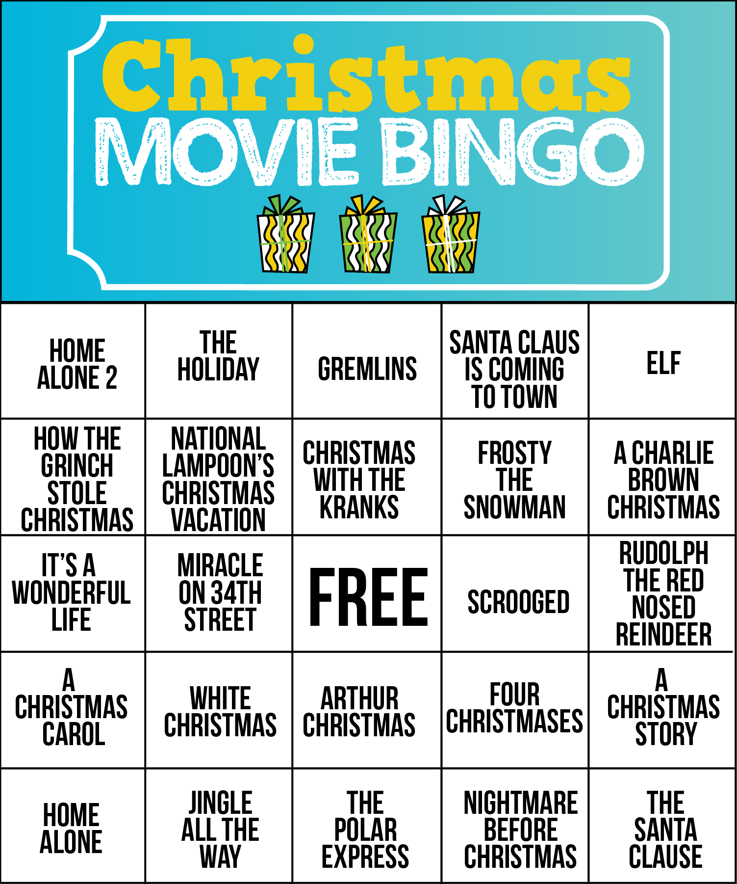 Free Printable Holiday Movie Christmas Bingo Cards Play Party Plan