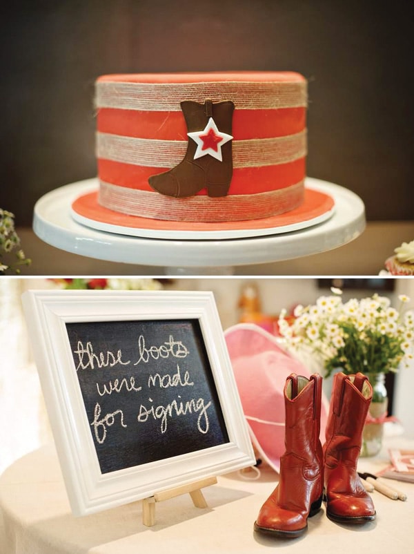 A collage of photos showing a western theme baby shower for a girl