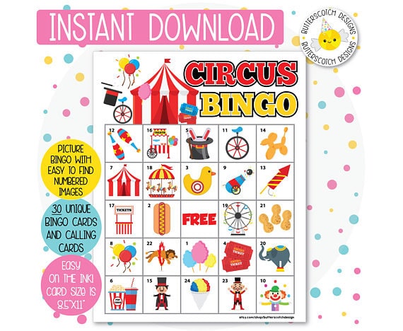 Printable circus bingo game for a circus party