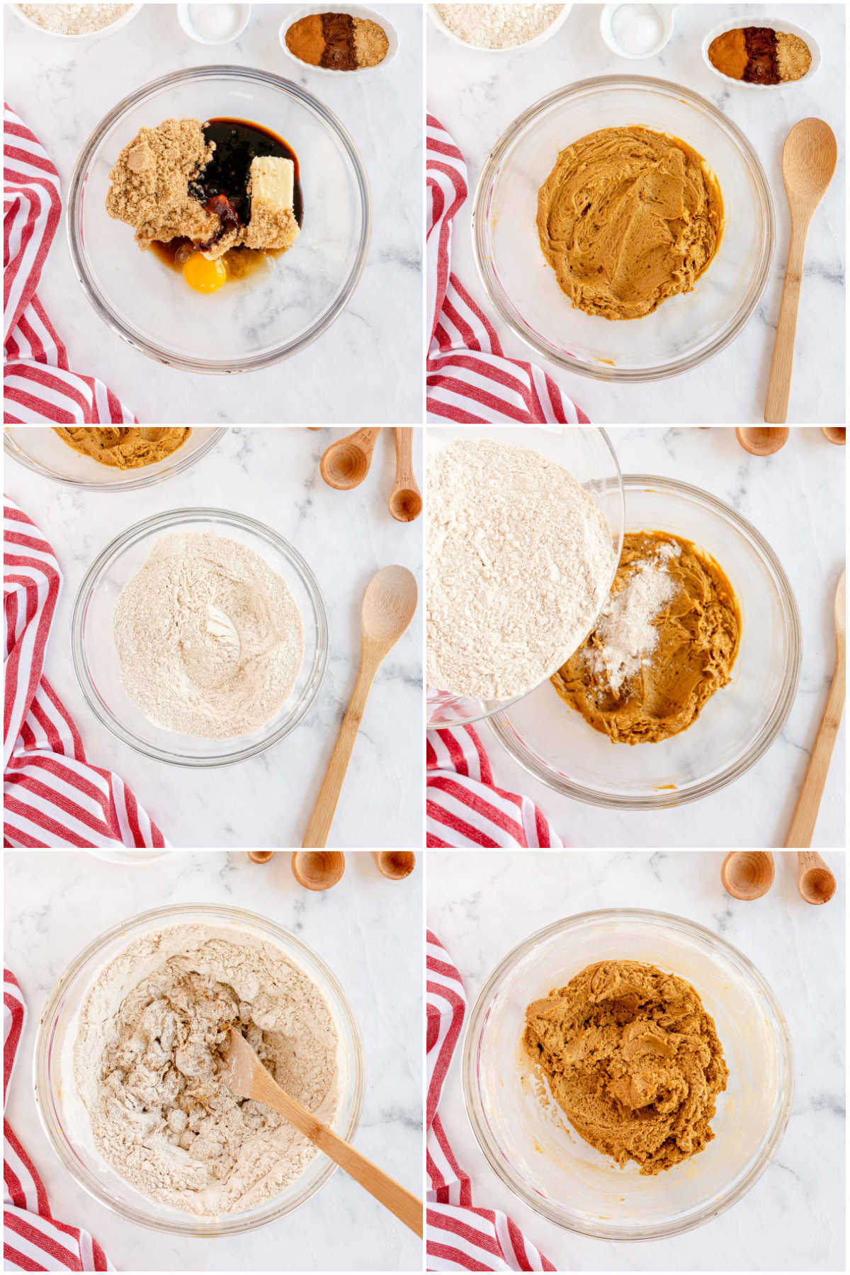 six image collage showing the process of making molasses cookie dough