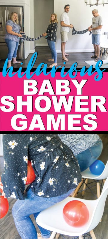 20 of the best baby shower games that aren't lame! Perfect for a coed shower, for large groups, and for boys or for girls themed showers! They're funny, easy to setup, and totally unique! Play minute to win it style with couples or individually for one hilarious baby shower!