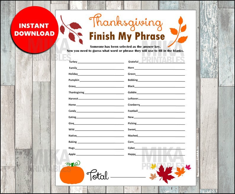 Finish my phrase Thanksgiving games for kids
