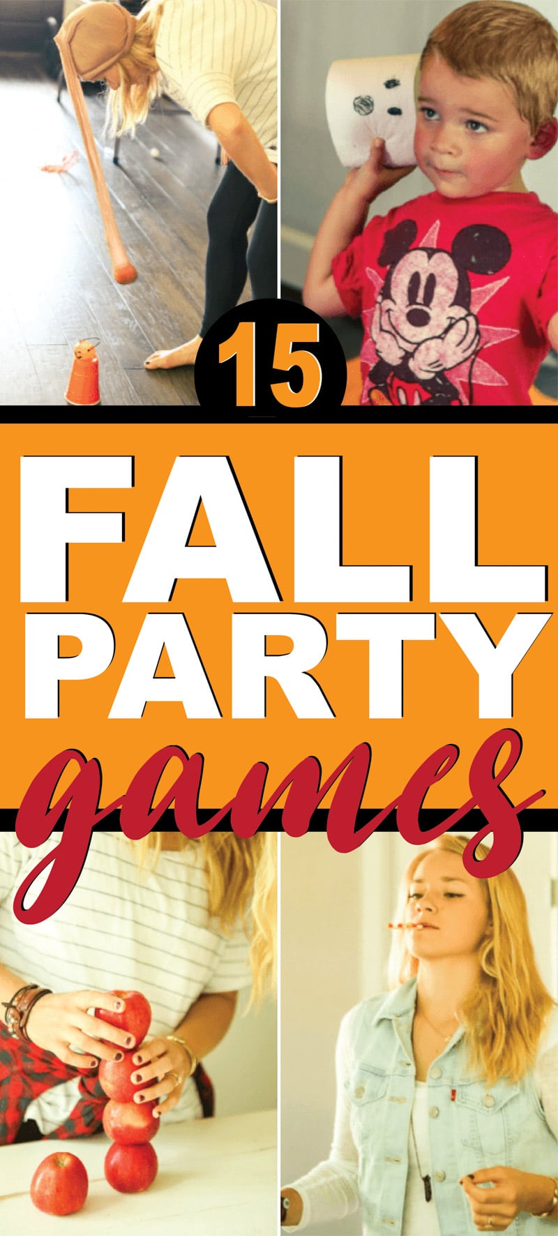 Hilarious fall party games that are perfect for kids, adults, and teens! Great for Halloween, Thanksgiving, fall parties, and more!