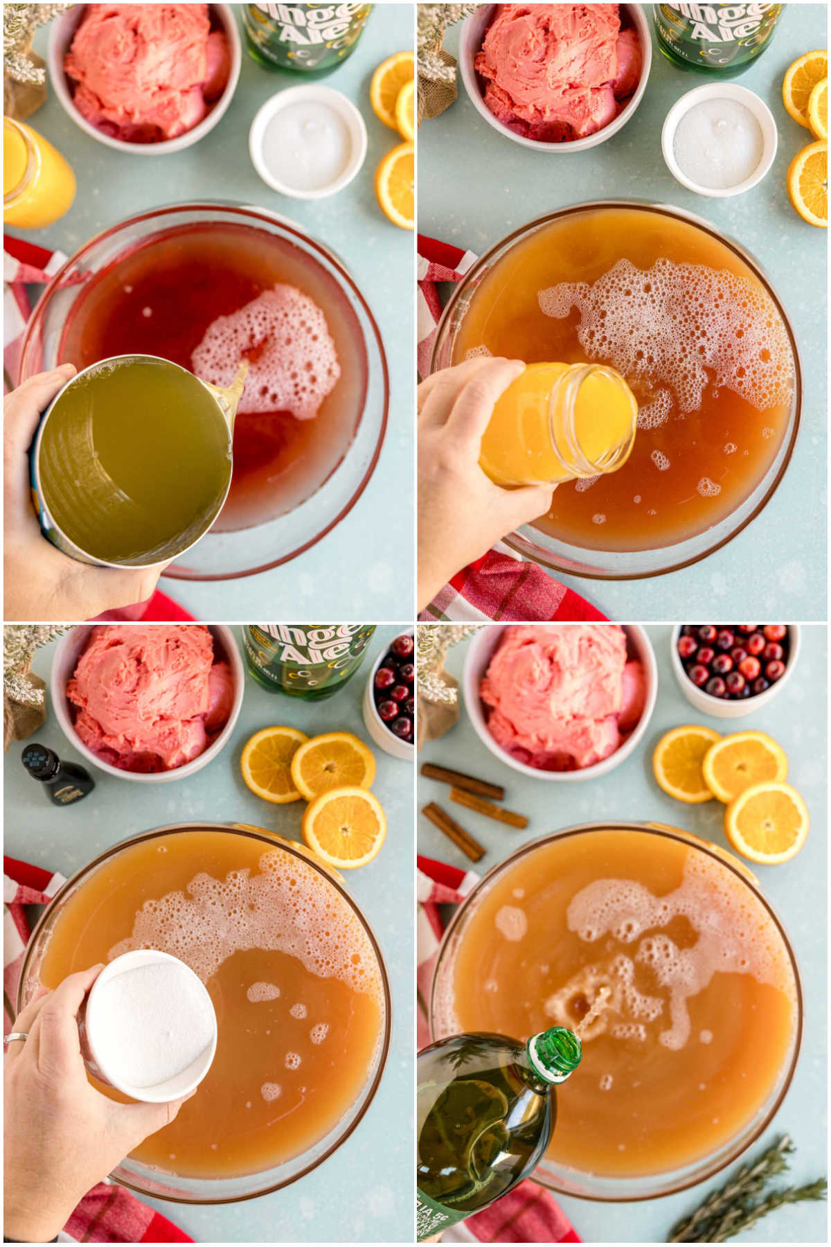 four images showing pouring juices into a punch bowl