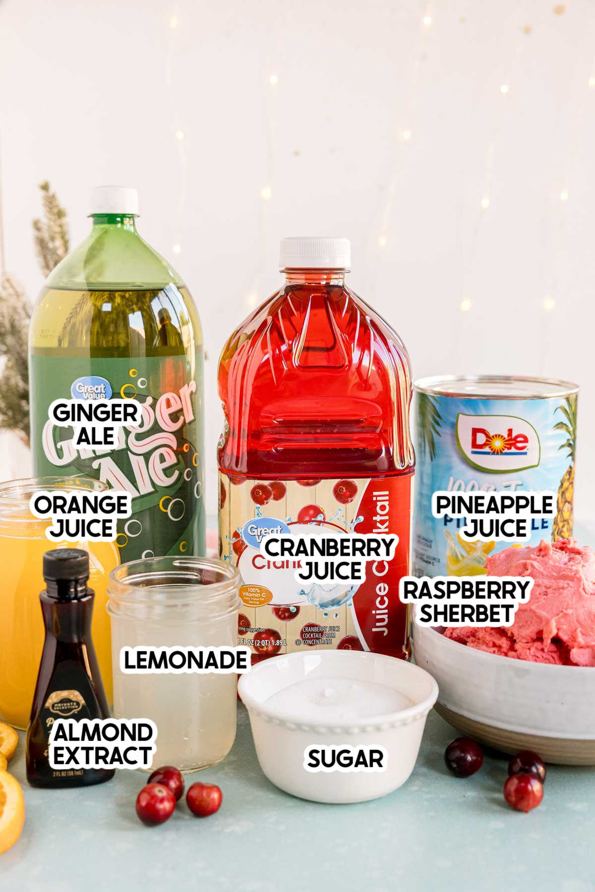 ingredients in a holiday punch with labels 