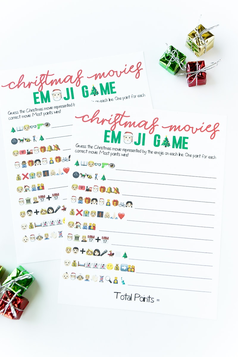 Two printed copies of a Christmas emoji game