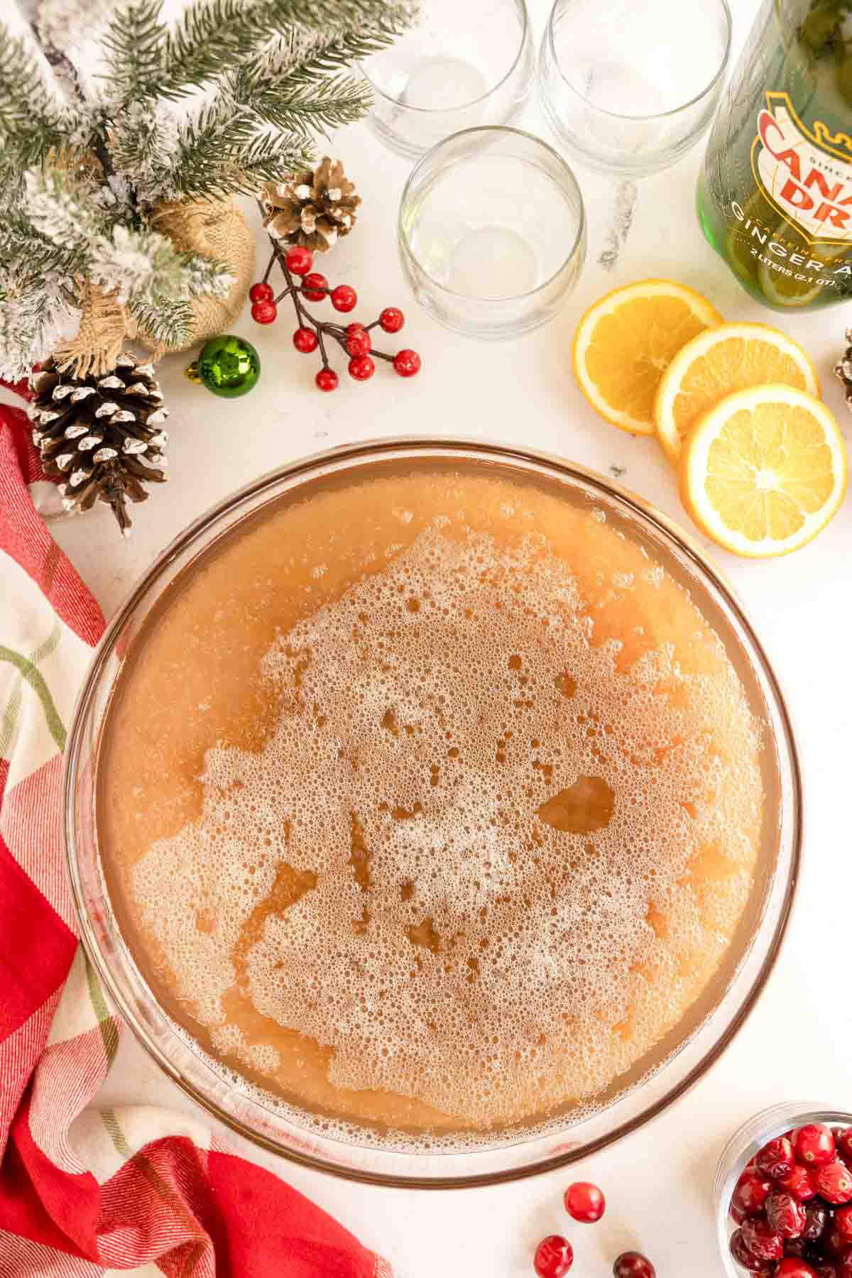 Large punch bowl full of Christmas punch