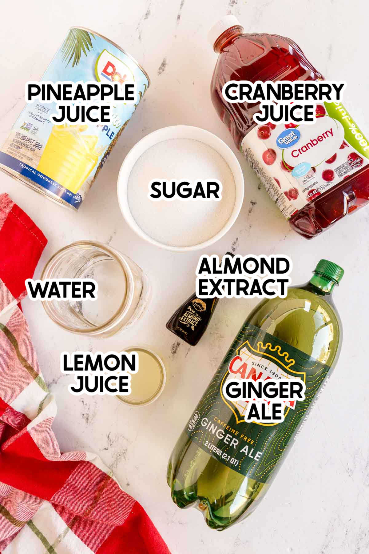 ingredients in a Christmas punch with labels on them