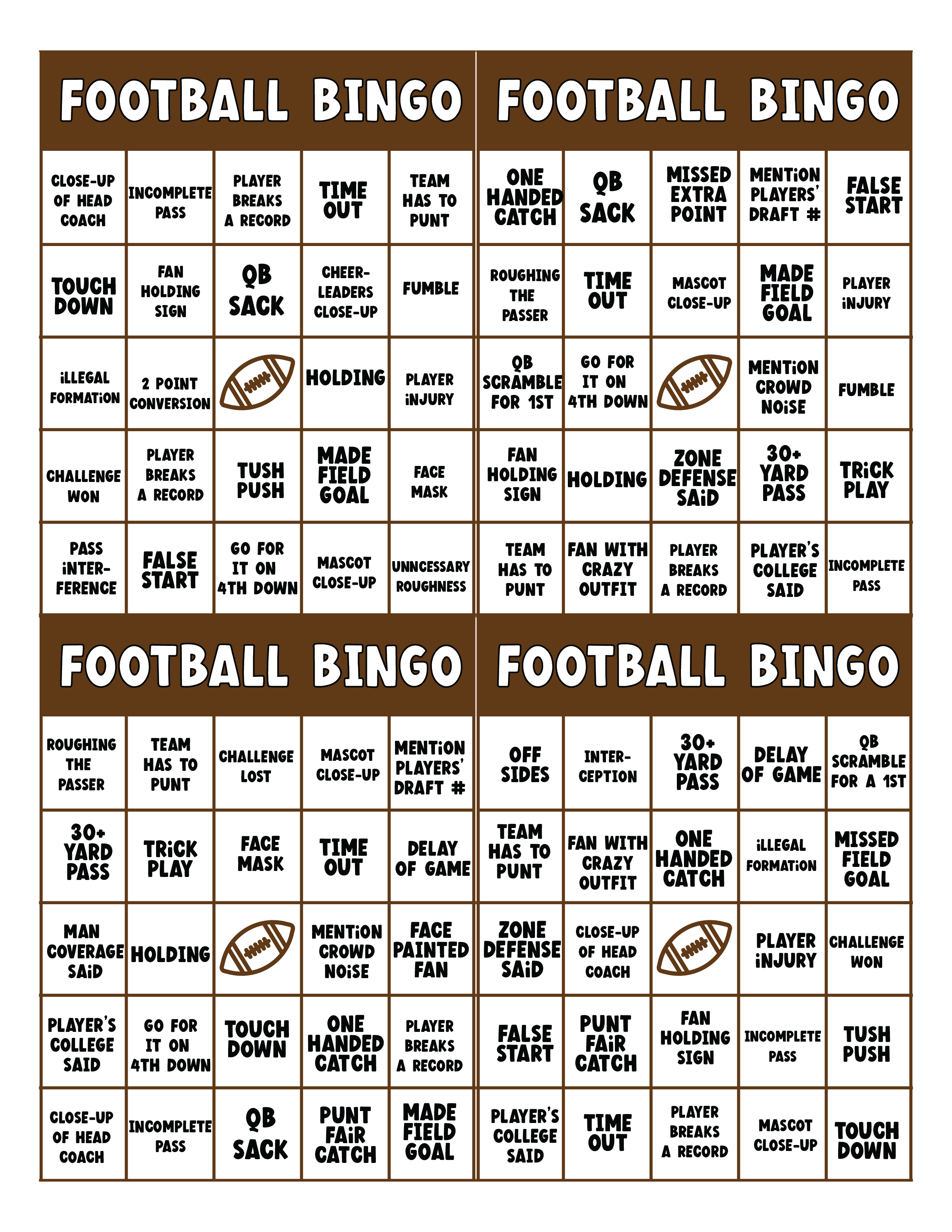 four brown football bingo cards 