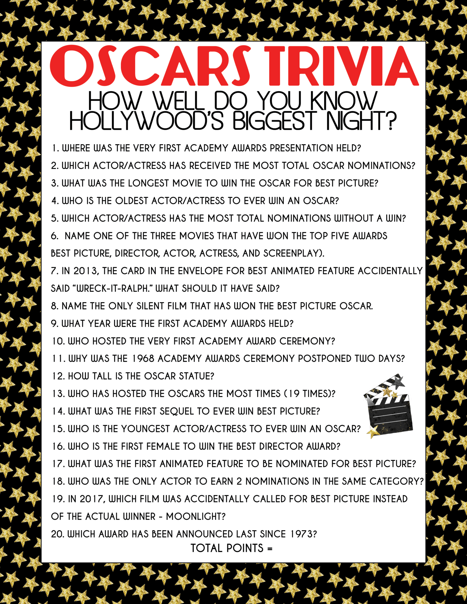 Free Printable Oscar Trivia Game Play Party Plan