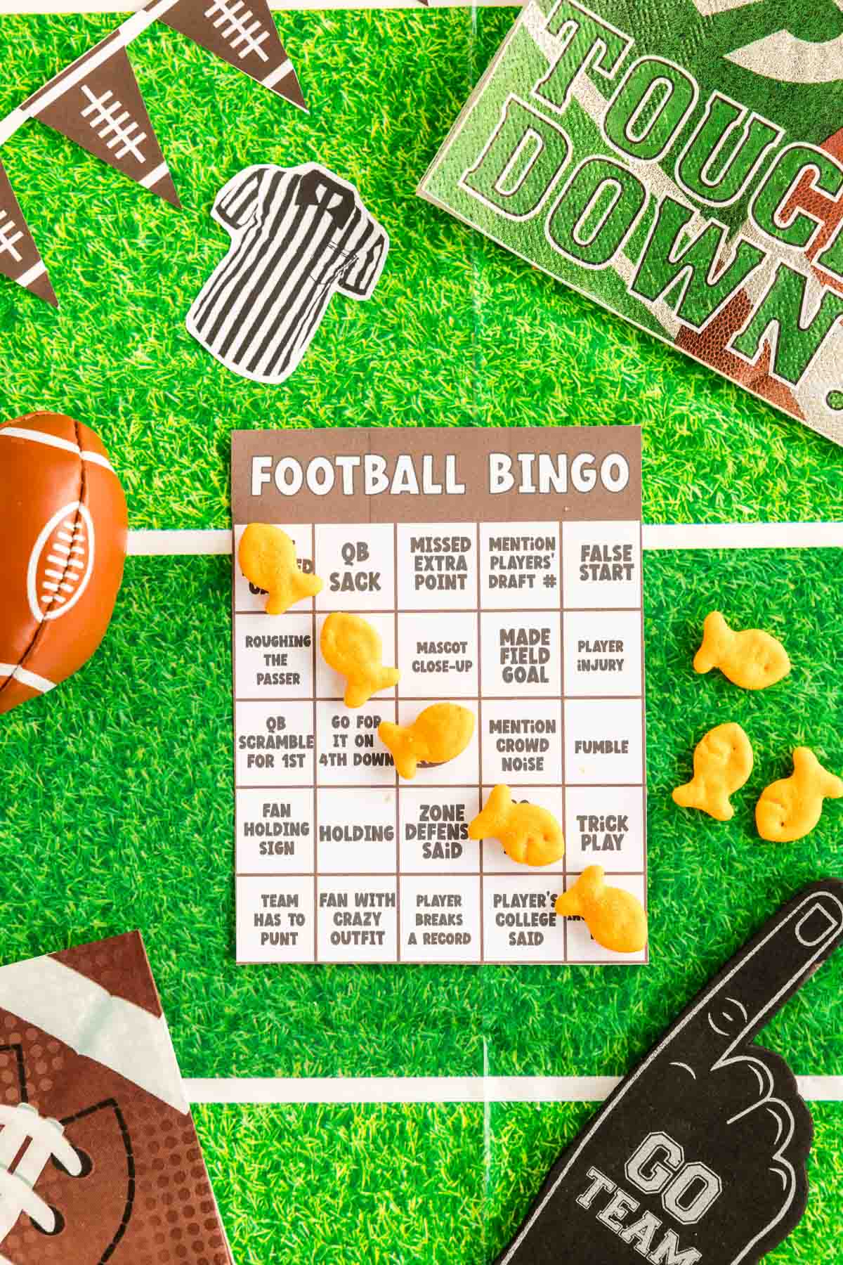 football bingo card with a bingo marked off with goldfish