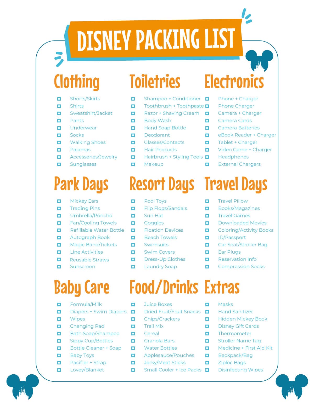 Free Printable Disney Packing Checklist