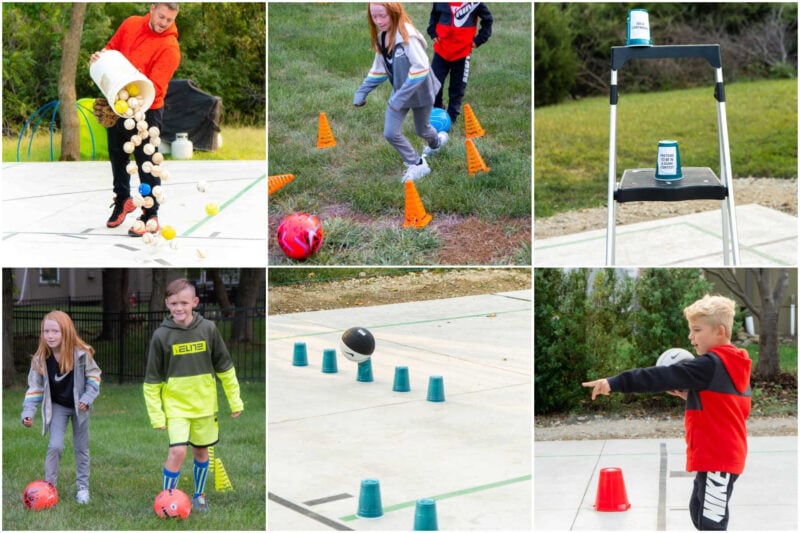 six images showing kids playing games with balls