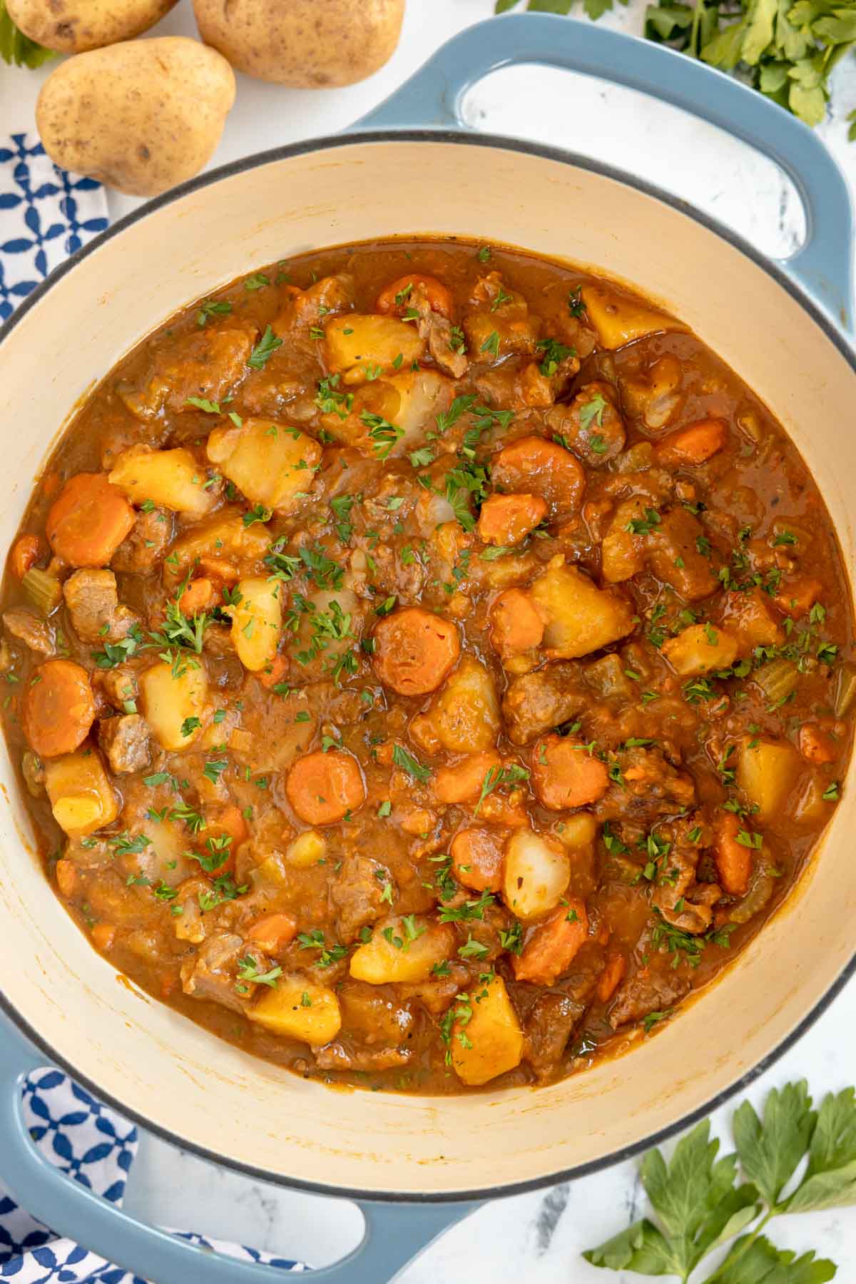 stock pot full of beef stew with potatoes 