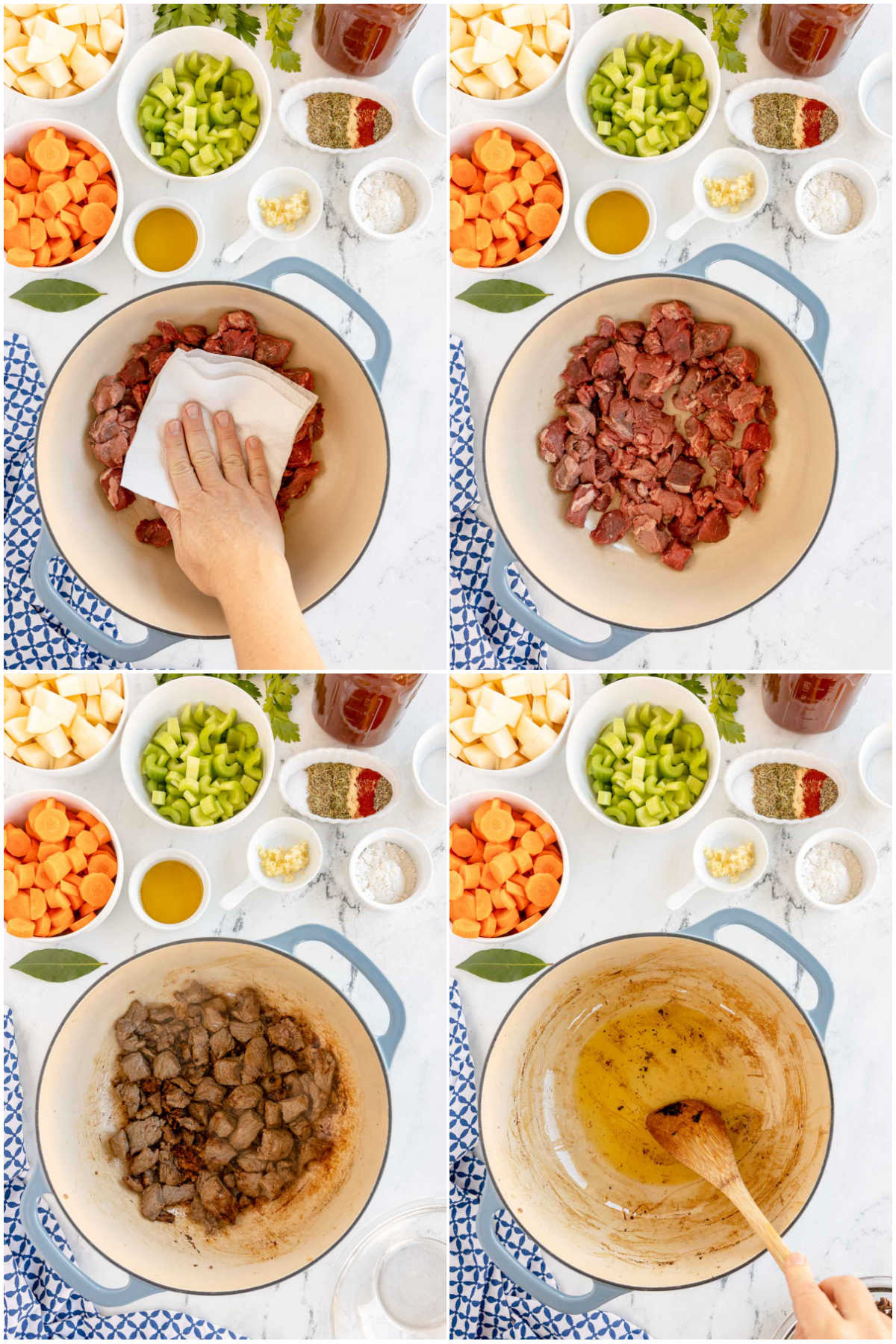 four images showing drying and cooking beef stew meat