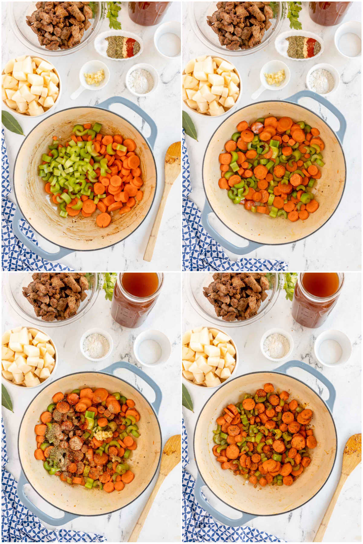 four images showing caramelizing veggies in a pot