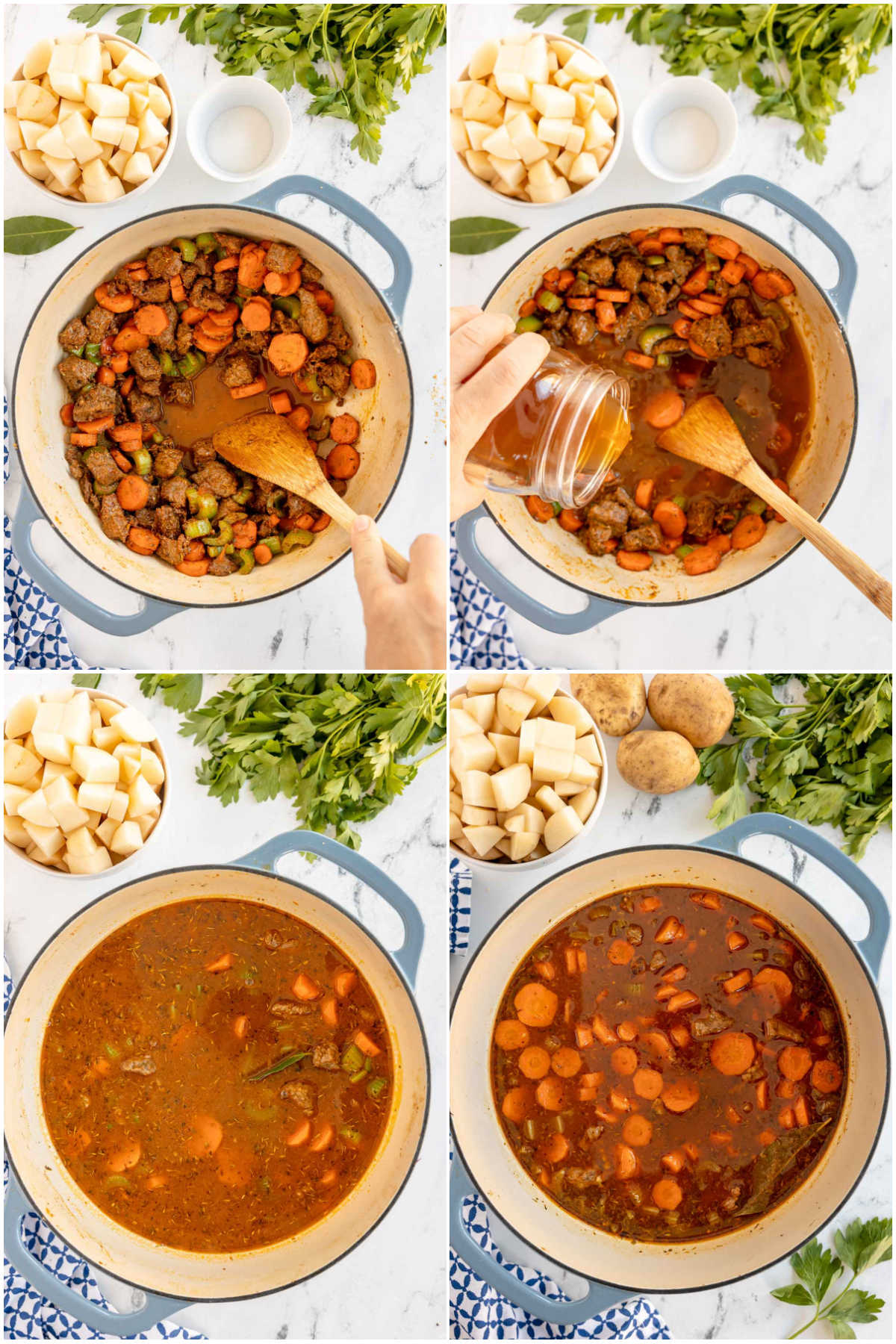 four images showing adding broth to beef stew