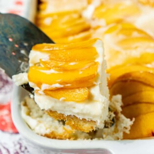 Easy Fresh Peach Cake with Whipped Cream Frosting - Play Party Plan