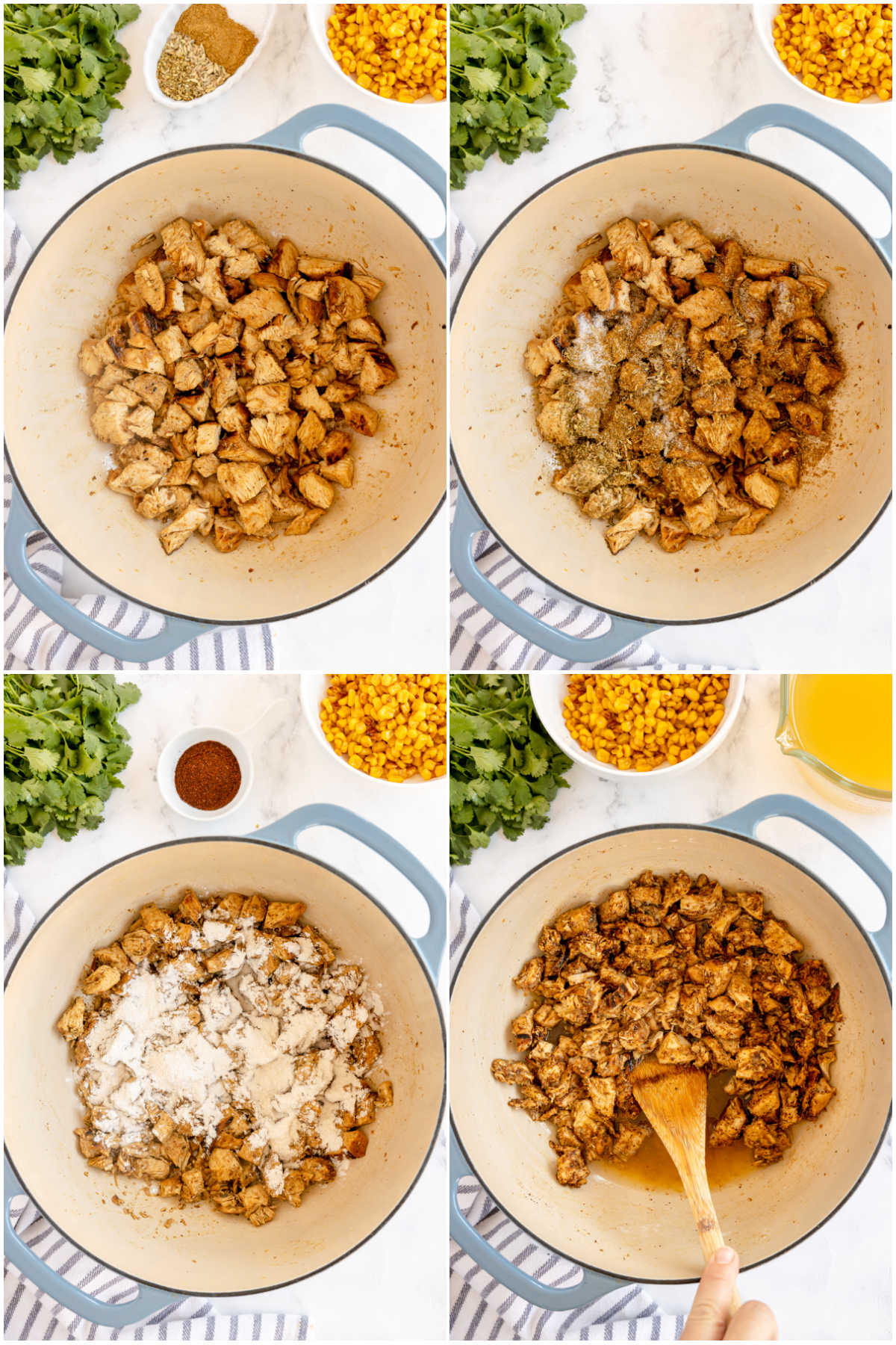 four images showing cooking chicken in a stockpot 