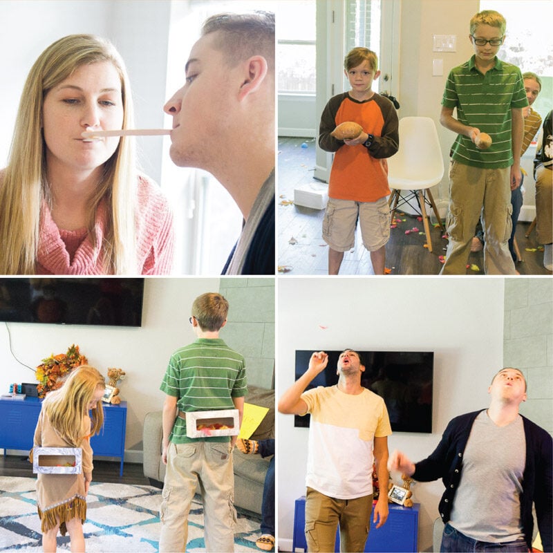 four images showing a family playing Thanksgiving games