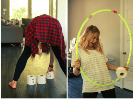 Collage of two images showing a girl holding a hoop and hutting toilet paper