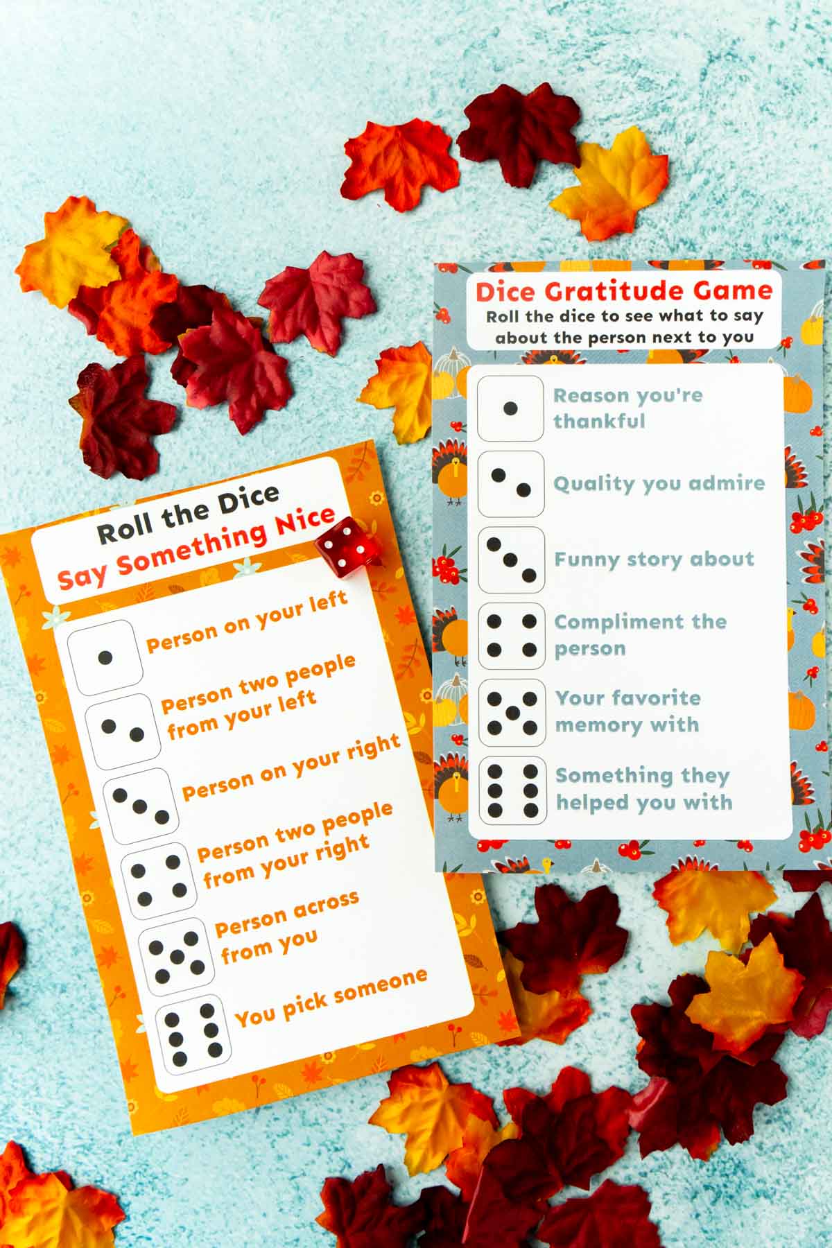 Two versions of a Thanksgiving dinner game printed out