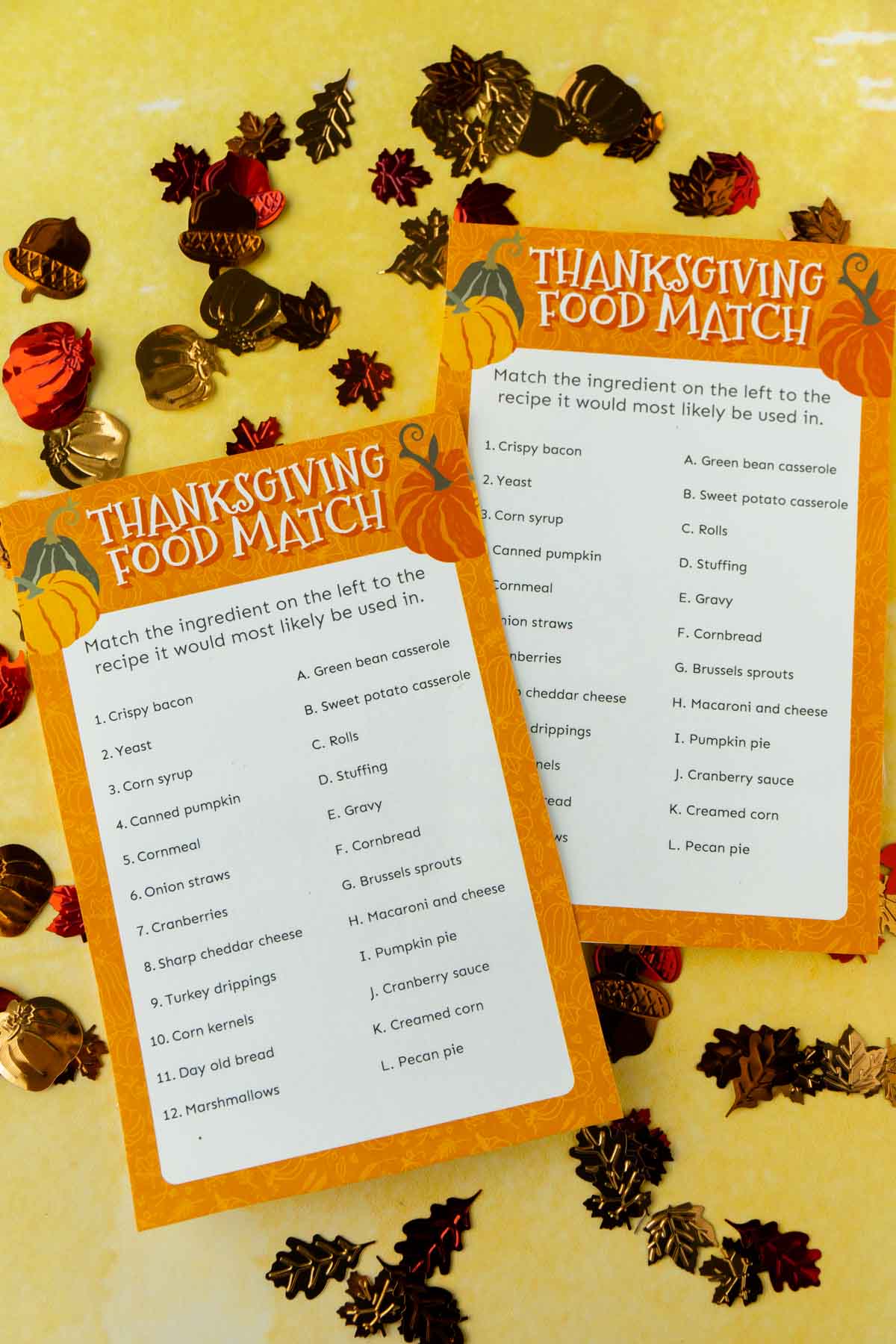 Printed out Thanksgiving matching game with fall confetti all around
