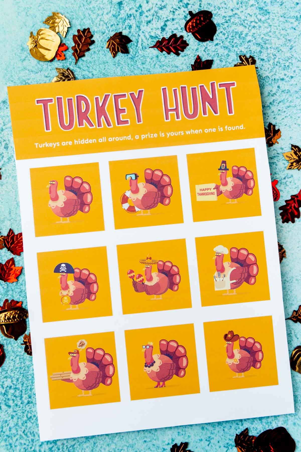 A printed out turkey hunt with turkey images on it