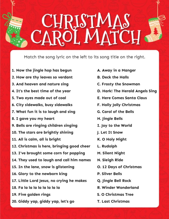 Match the Christmas Carol Game (Free Printable!) - Play Party Plan