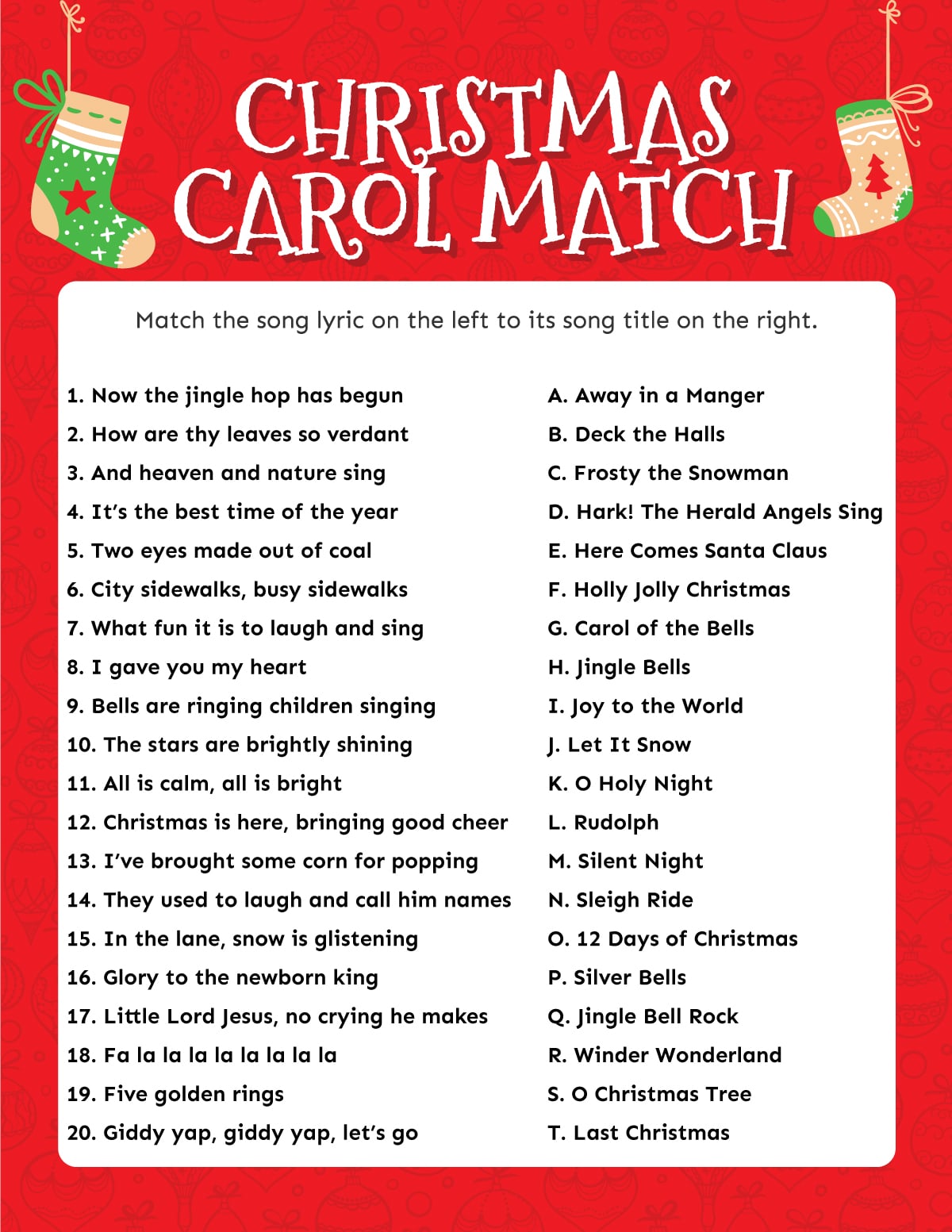 Match the Christmas Carol Game (Free Printable!) - Play Party Plan