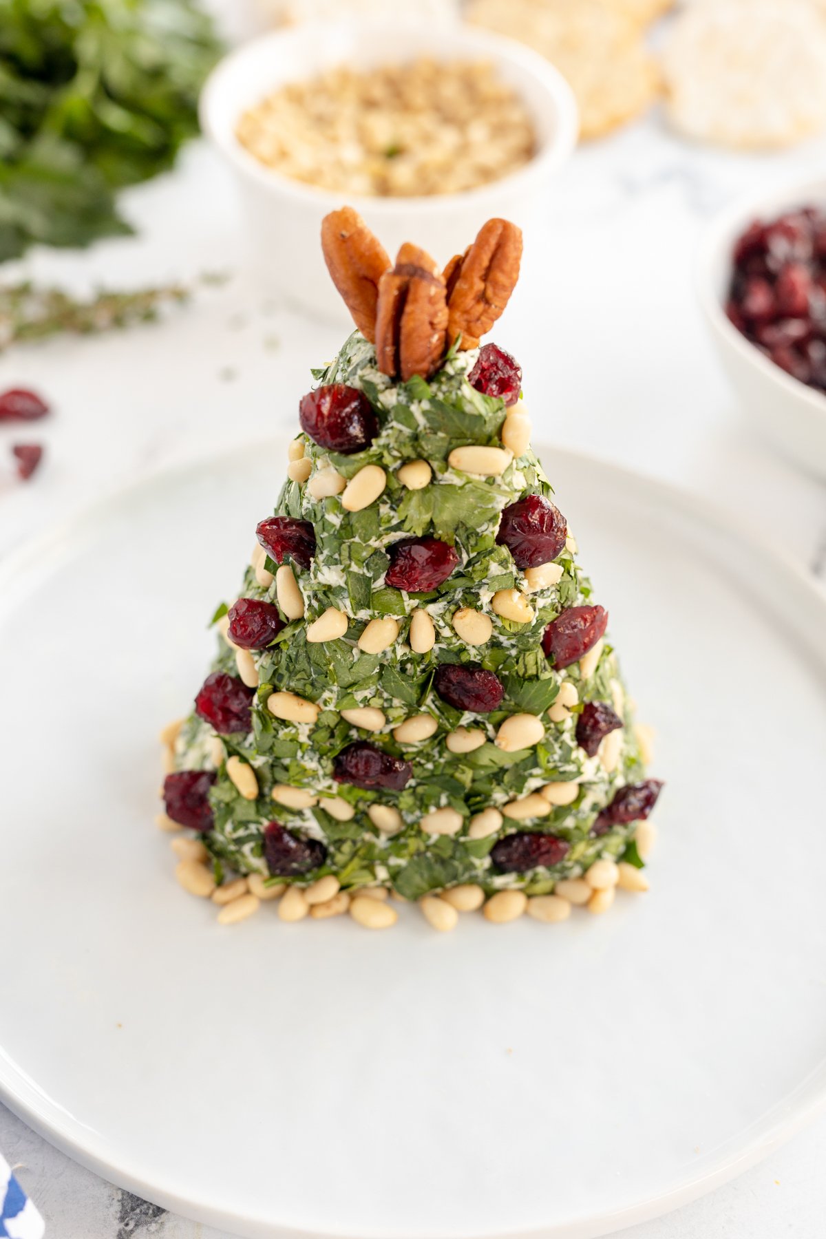 Christmas tree cheese ball on a white plate