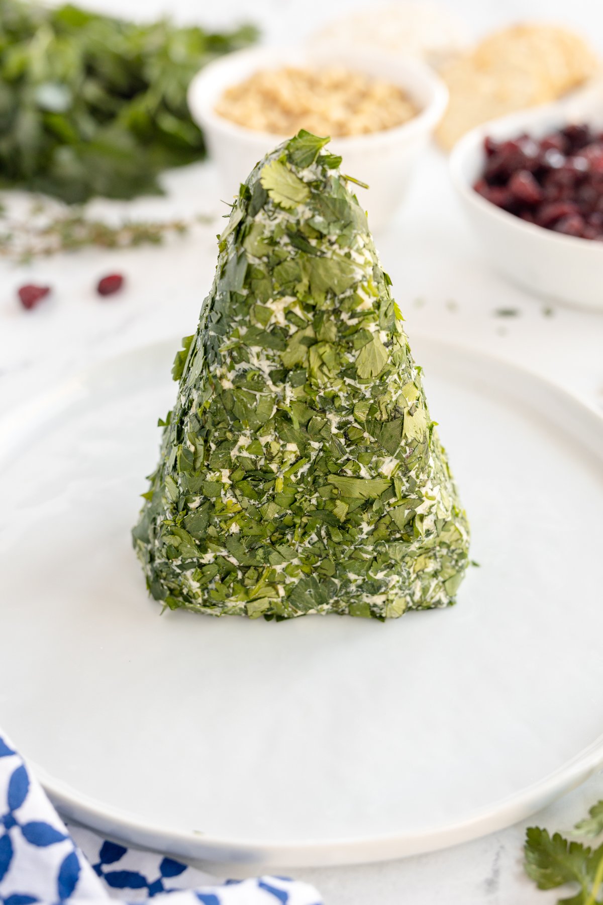 Christmas tree shaped cheese ball on a white plate