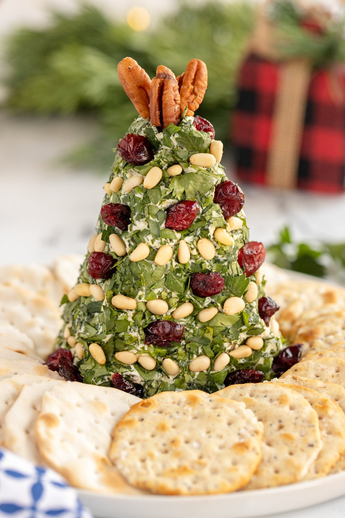 Christmas tree cheese ball on a white plate surrounded by crackers