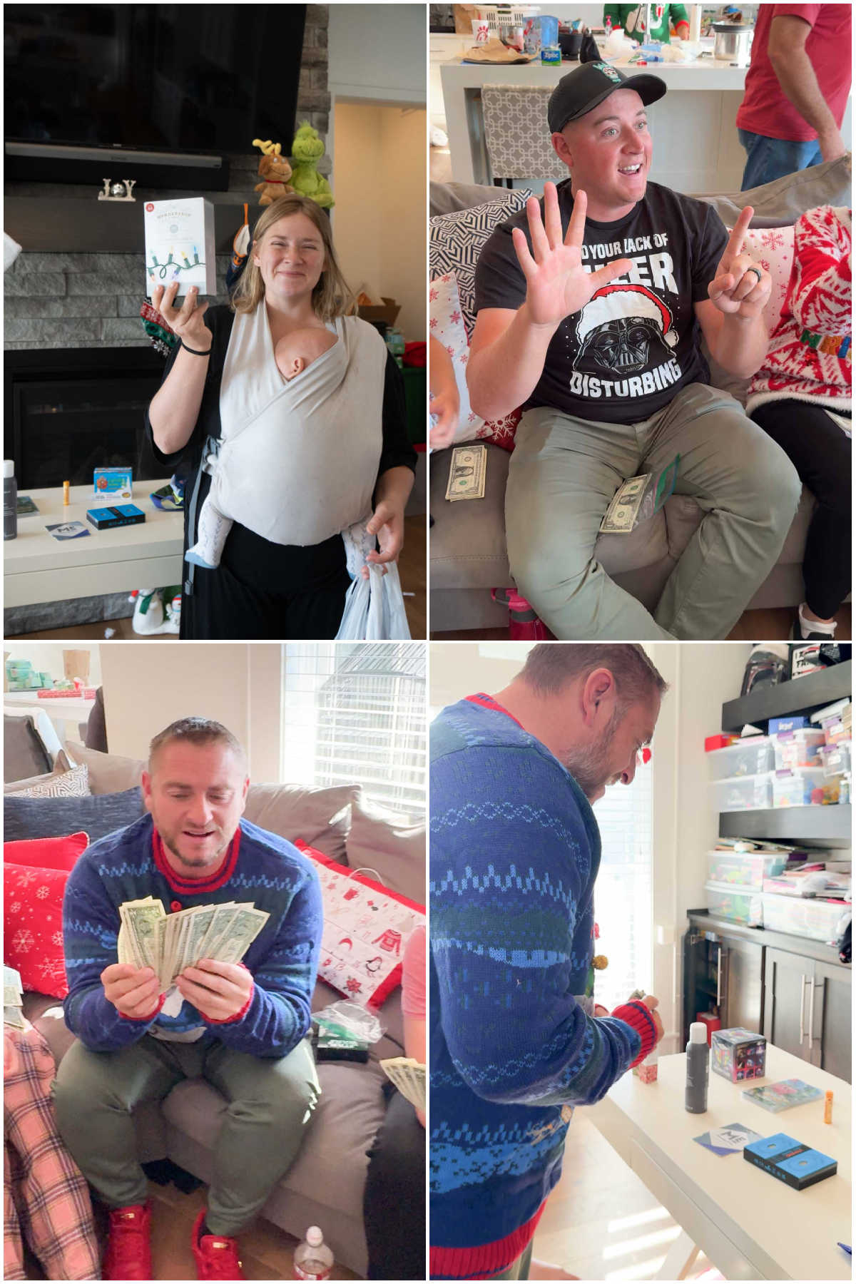 four images showing people playing a Christmas price is right game