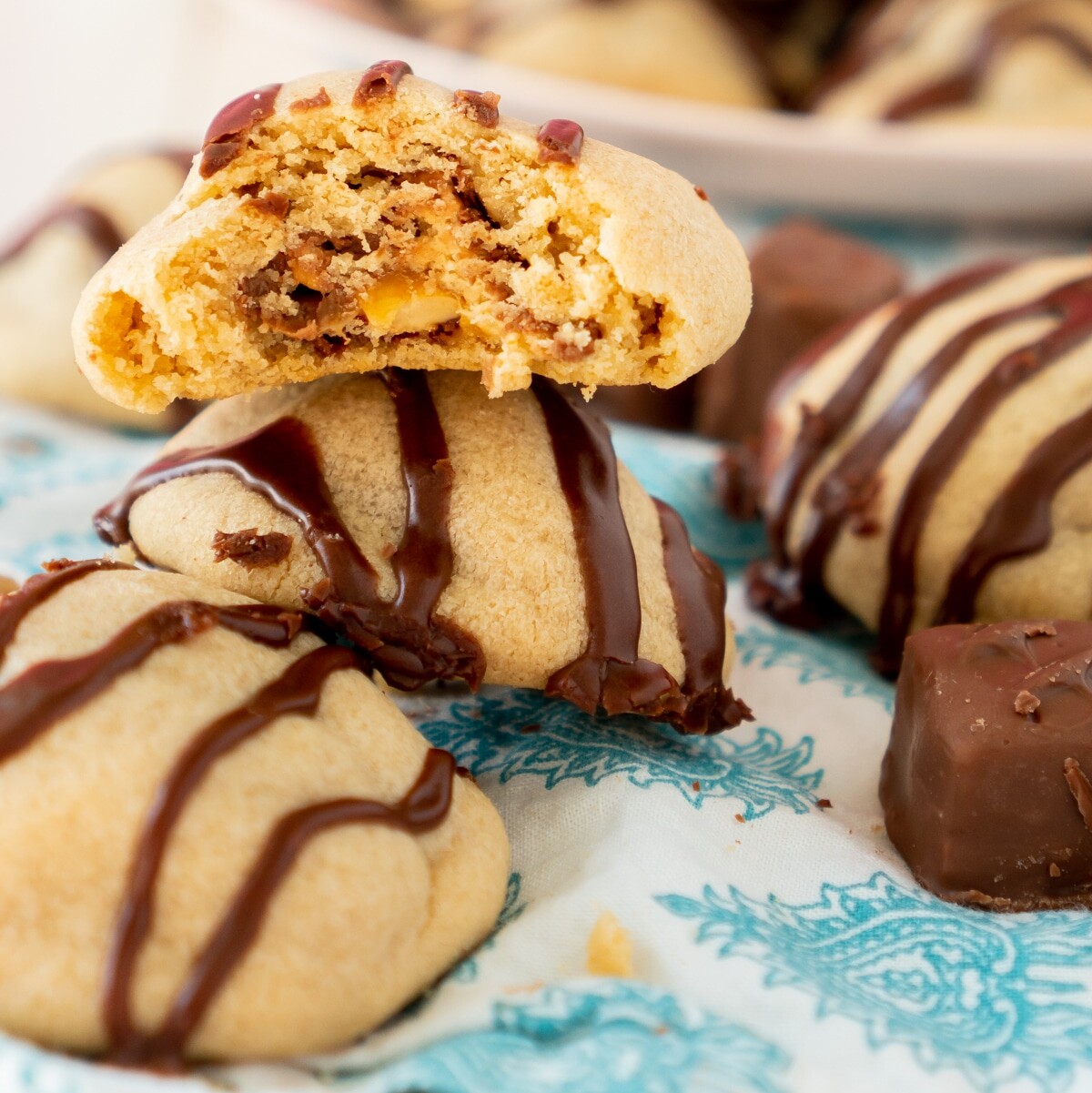 Snickers Cookies with Chocolate Drizzle