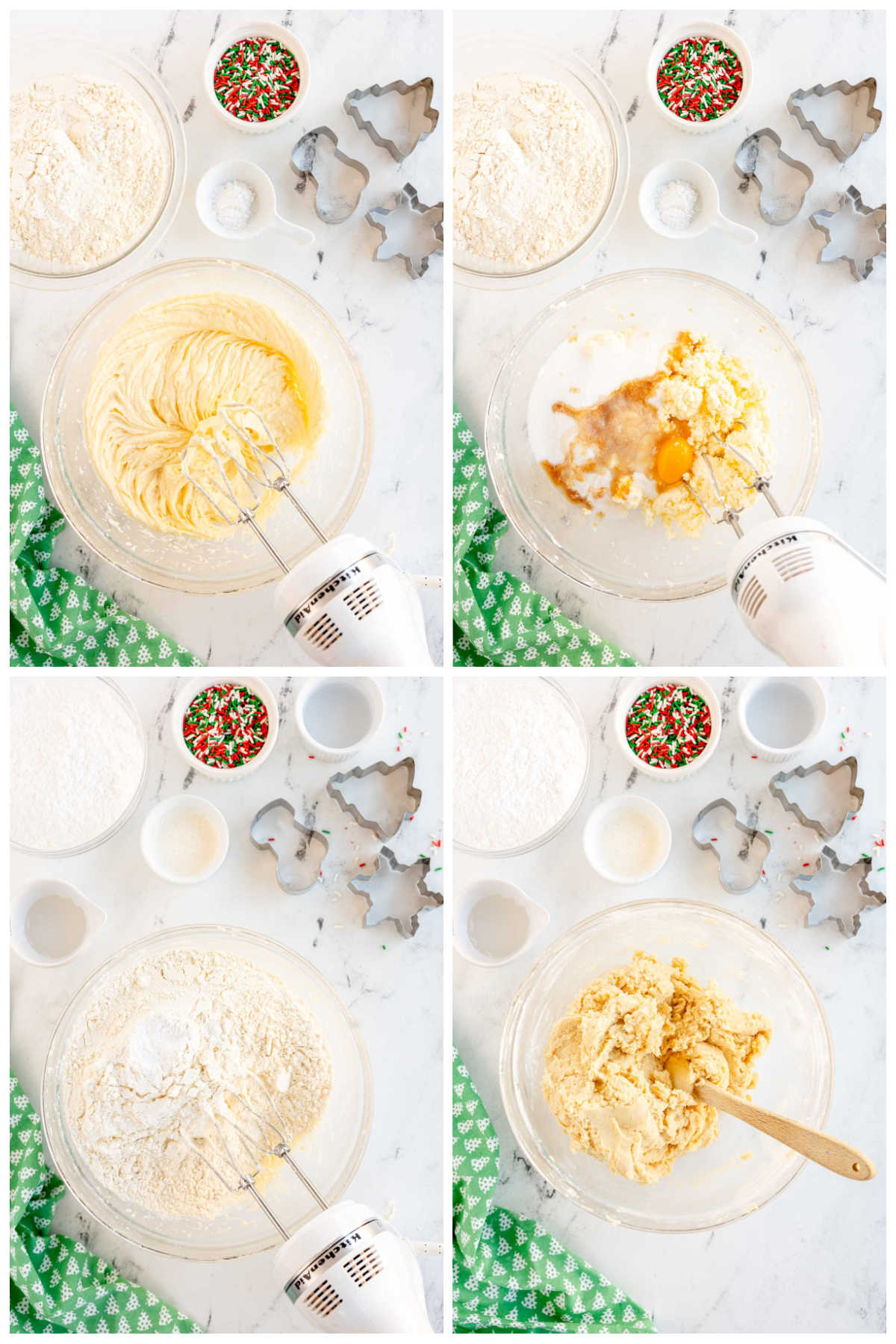 collage with four images showing how to make cookie dough for cream cheese sugar cookies