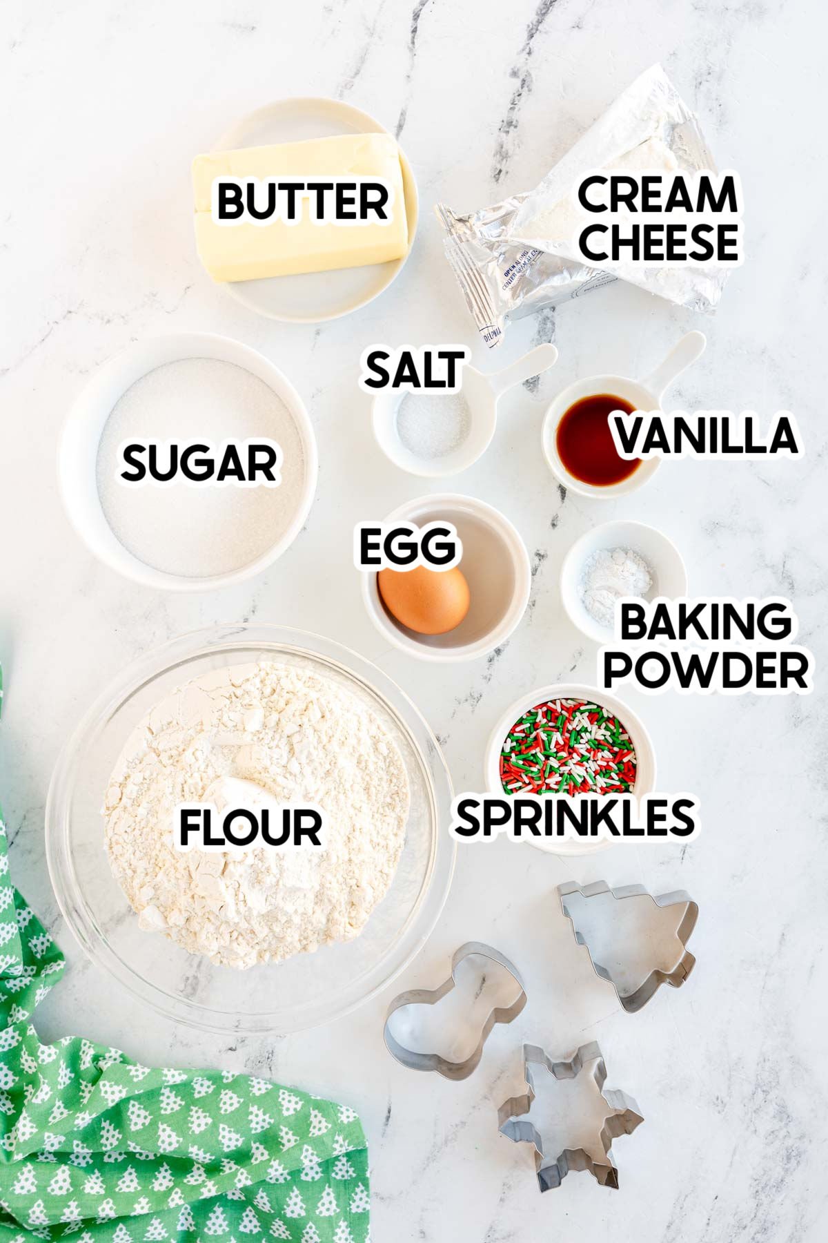 ingredients in cream cheese sugar cookies with labels