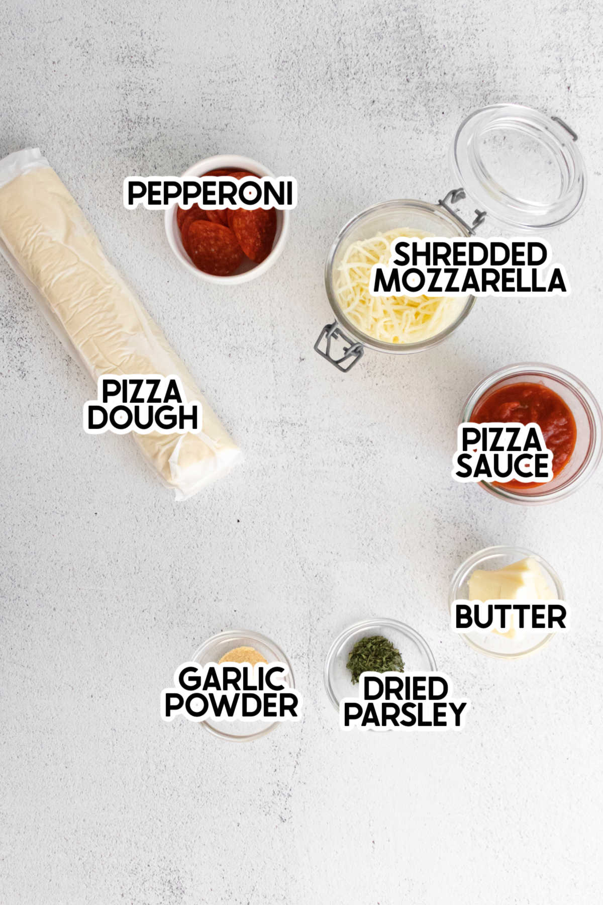 ingredients for pizza twists with labels