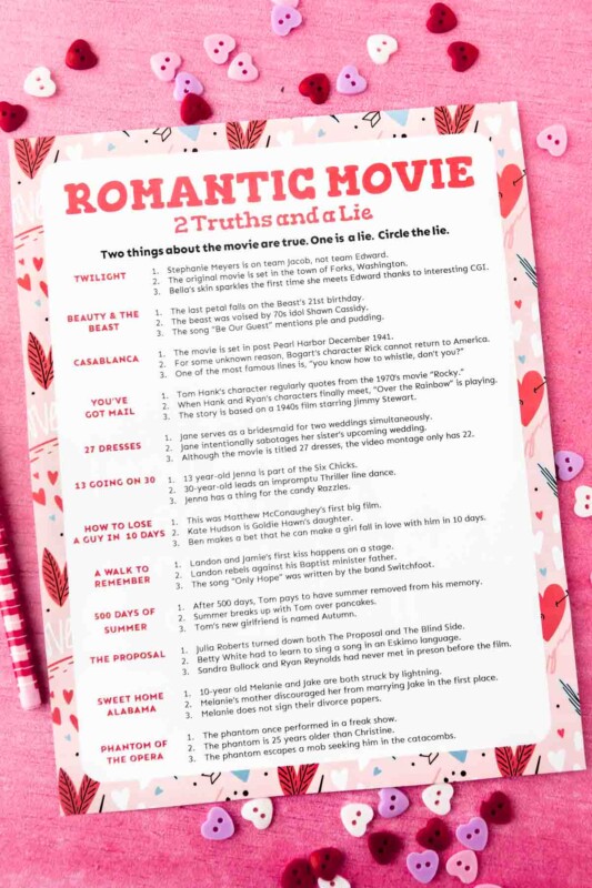 Romantic Comedy Two Truths and a Lie {Free Printable} - Play Party Plan