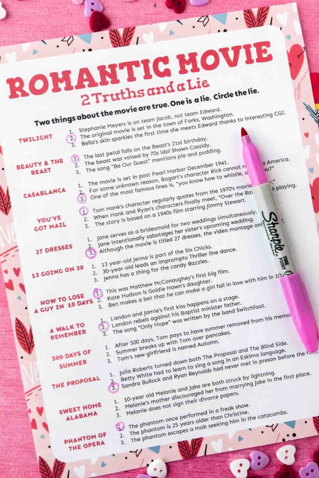 Romantic Comedy Two Truths and a Lie {Free Printable} - Play Party Plan