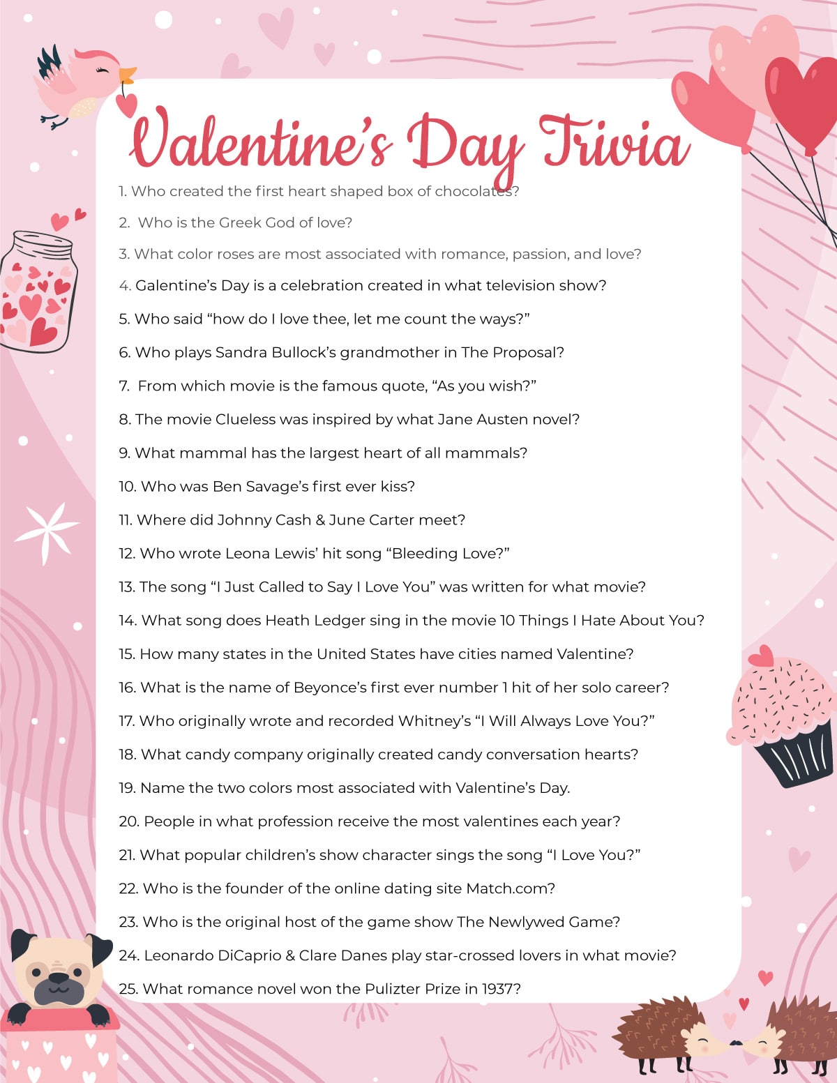 Valentines Day Trivia Questions  Free Printable   - 56