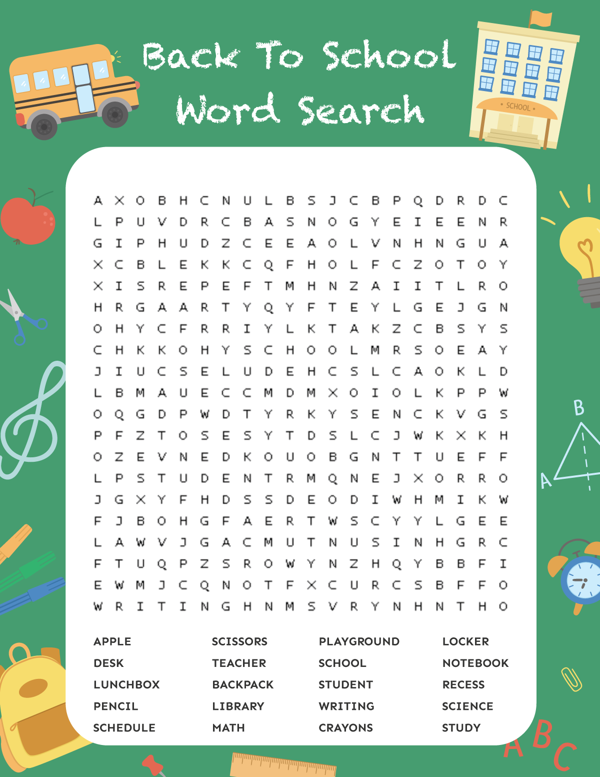 Back to school word search with a green background