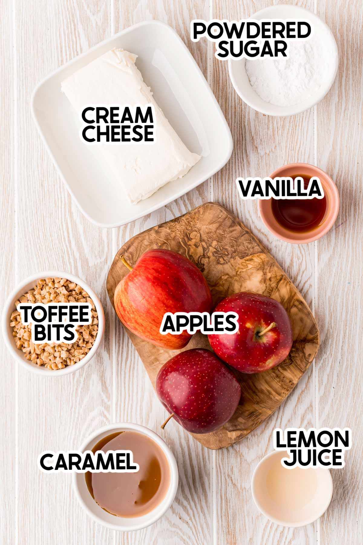 ingredients for a caramel apple dip with labels