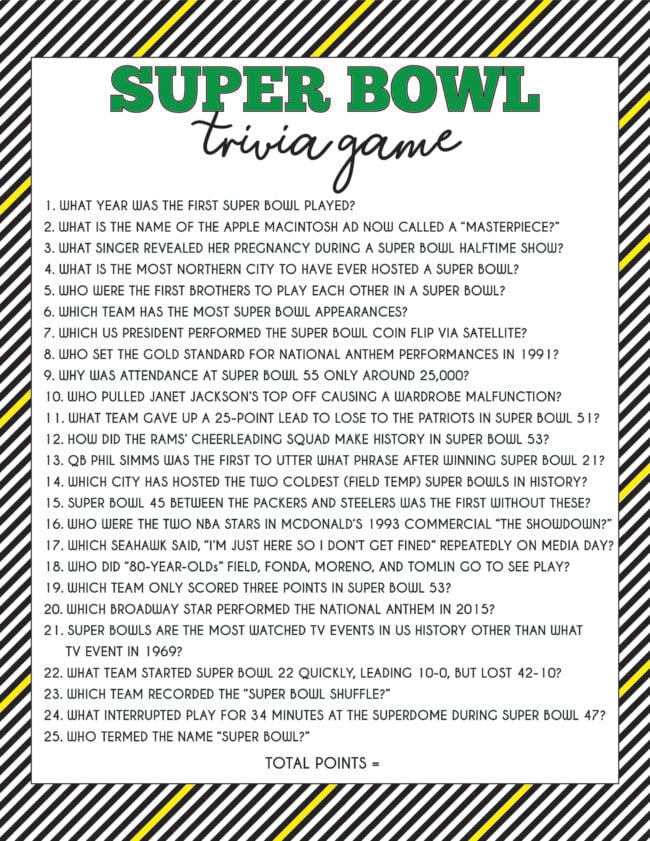 50 Super Bowl Trivia Questions & Printable Game - Play Party Plan